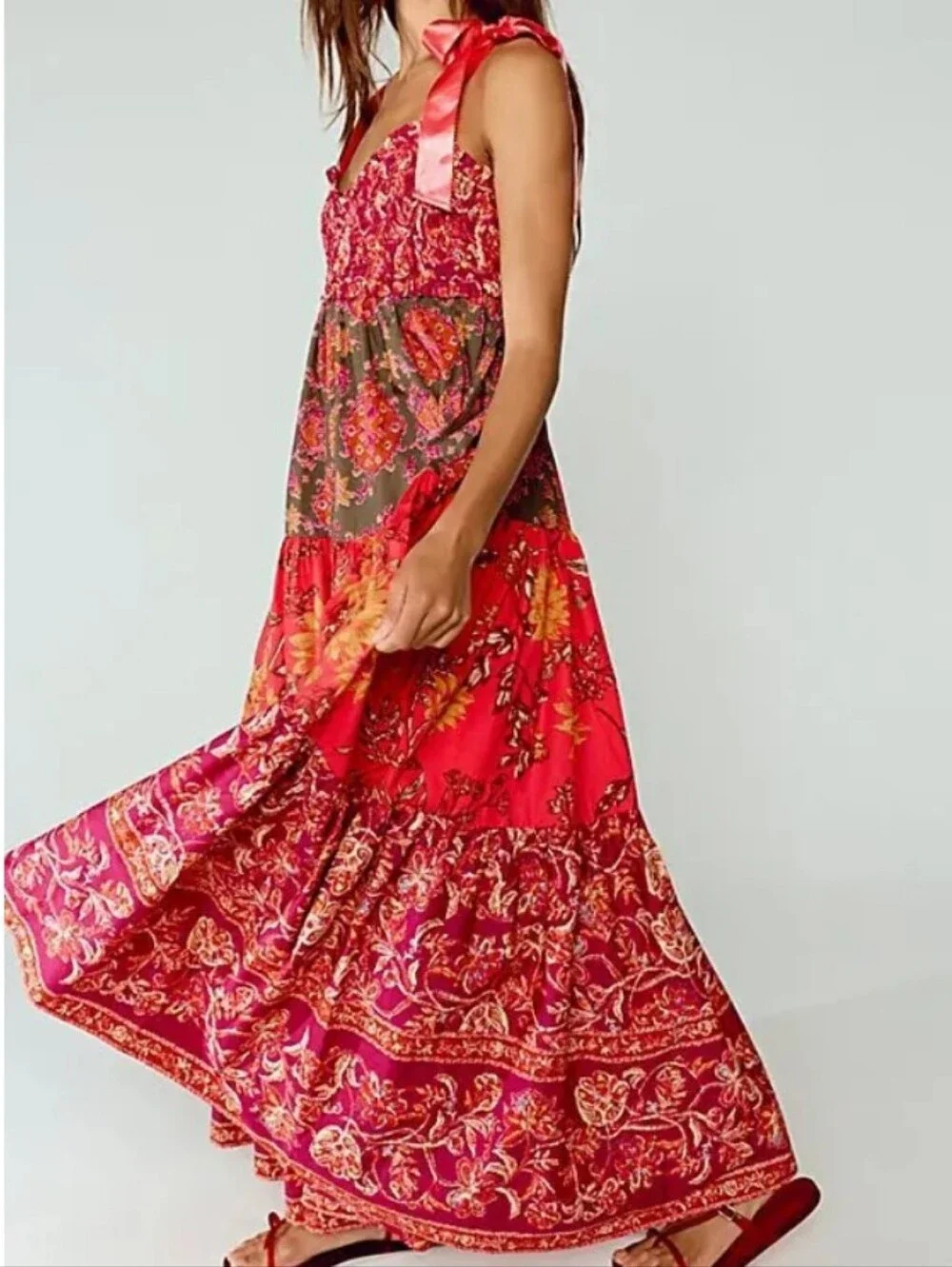 Free People Bluebell Magenta Floral Ribbon Tie Smocked Tiered Boho Maxi Dress